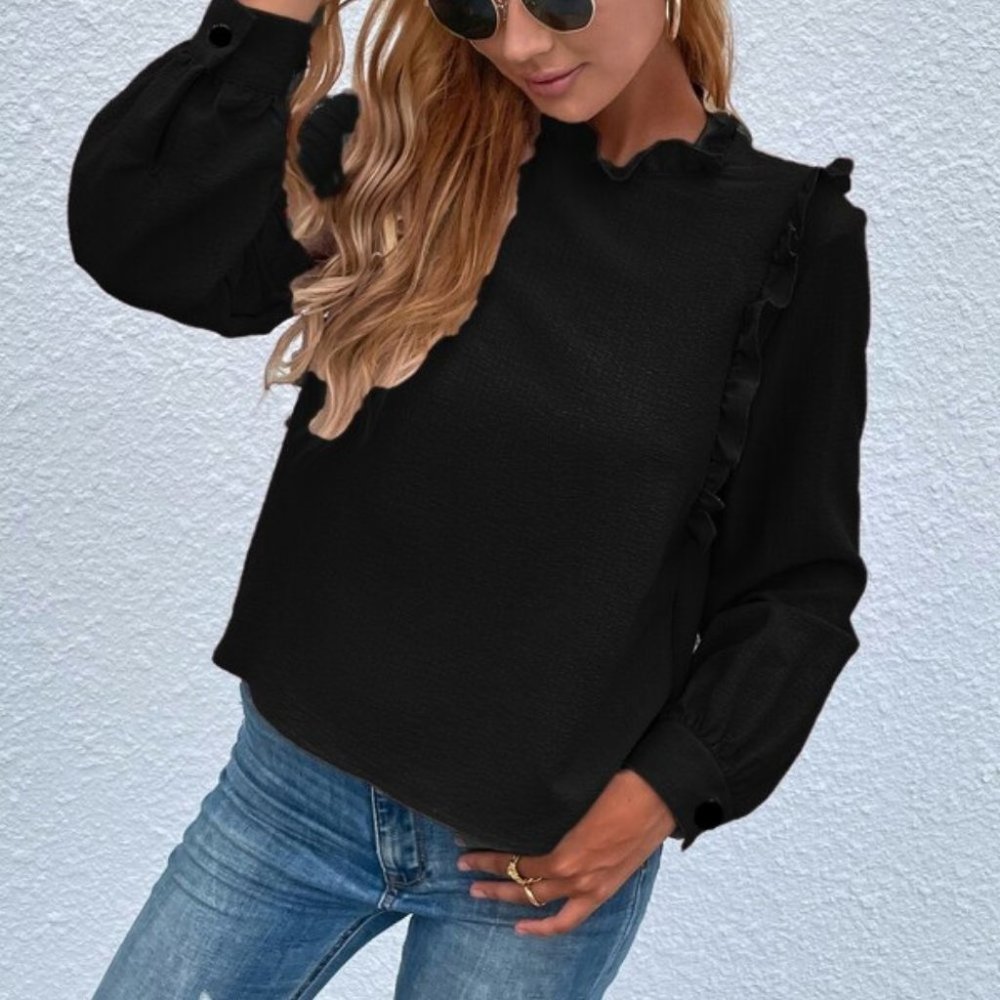 Classy Business work chic black Ruffle Detail Blouse - Picture 3 of 6